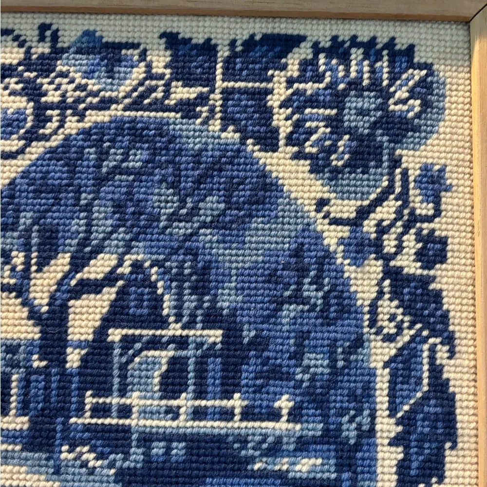 Vintage Blue Cross-Stitch Scenic Winter Art in Wooden Frame - Picture 9 of 16